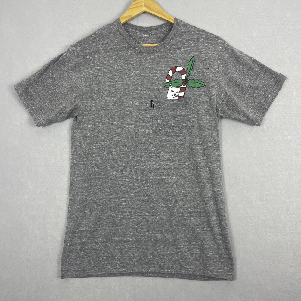 Ripndip T-Shirt Pocket Cat Candy Cane Christmas Holiday Gray‎ Mens